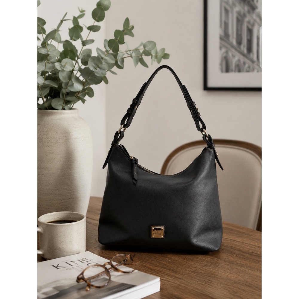 Dooney & Bourke Black Saffiano Leather Hobo Shoulder Bag Gold Hardware Logo